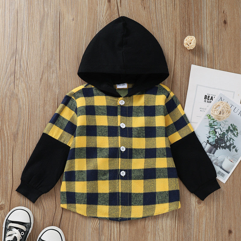 Hooded Plaid Sleeves Single Breasted Top Boys Middle Child Shirt Jacket