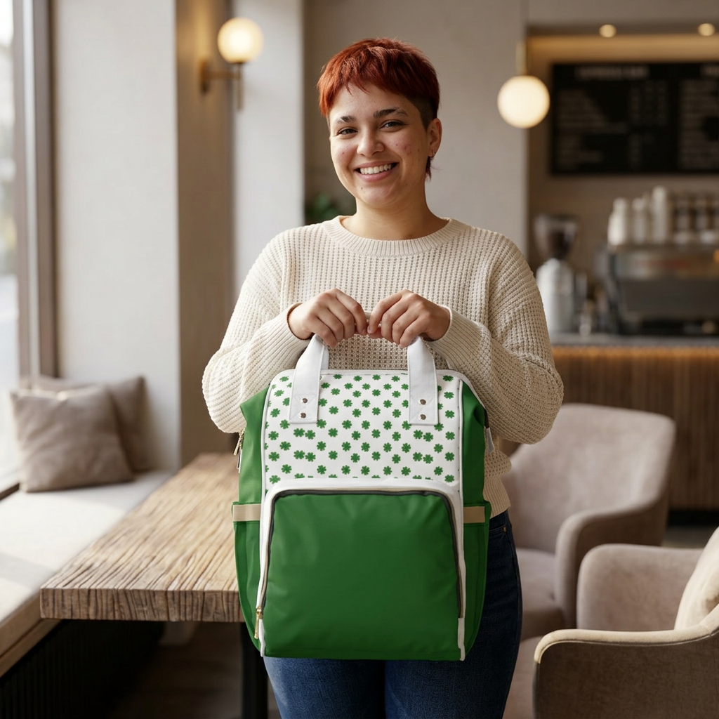 Clover Diaper Backpack featuring a shamrock print, held by a smiling person in a cozy café setting.