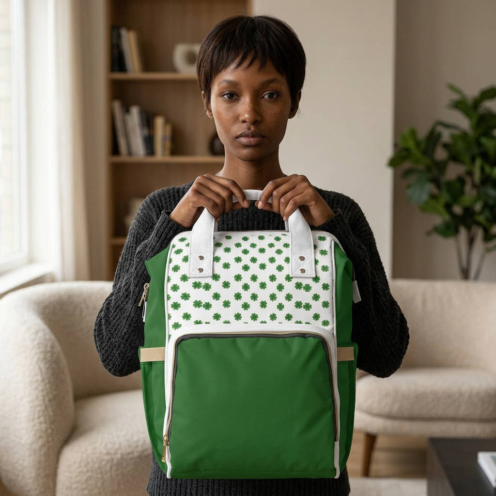 Clover Diaper Backpack featuring a shamrock print, held by a woman, with a green base and white accents.