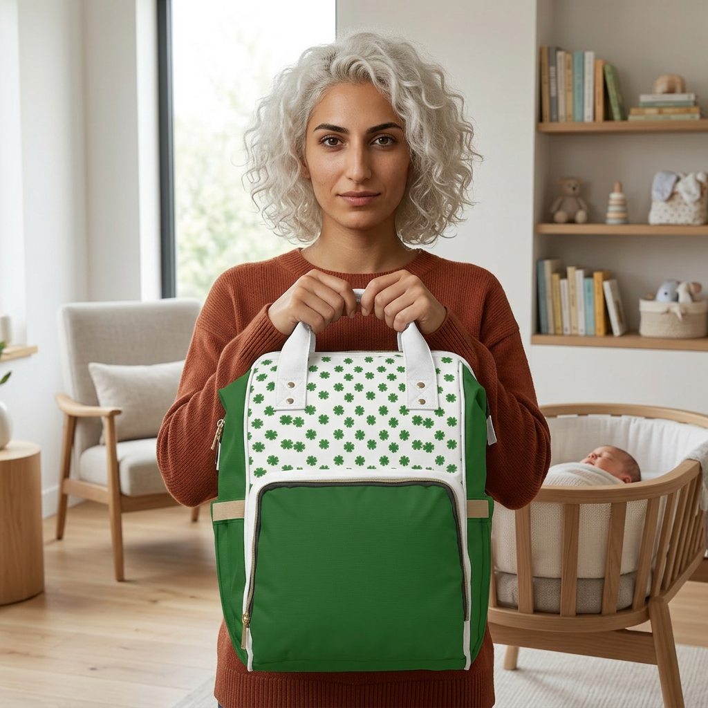 Clover Diaper Backpack in shamrock print, held by a person, featuring a green base and white top with green clovers.