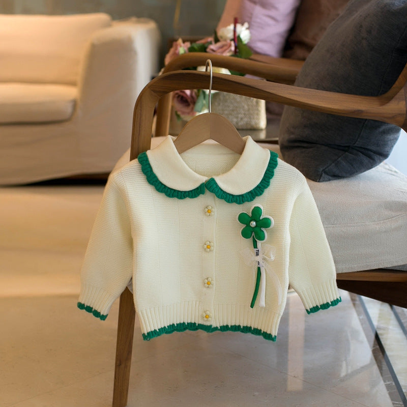 Children's Sweater Girls Small Flower Round Neck Cardigan - Tokcobstore