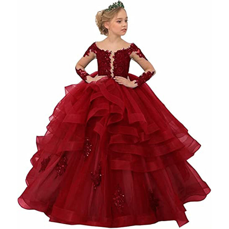 Girls' Long-sleeved Lace Performance Birthday Princess Pettiskirt Tiered-Ruffle Long Dress