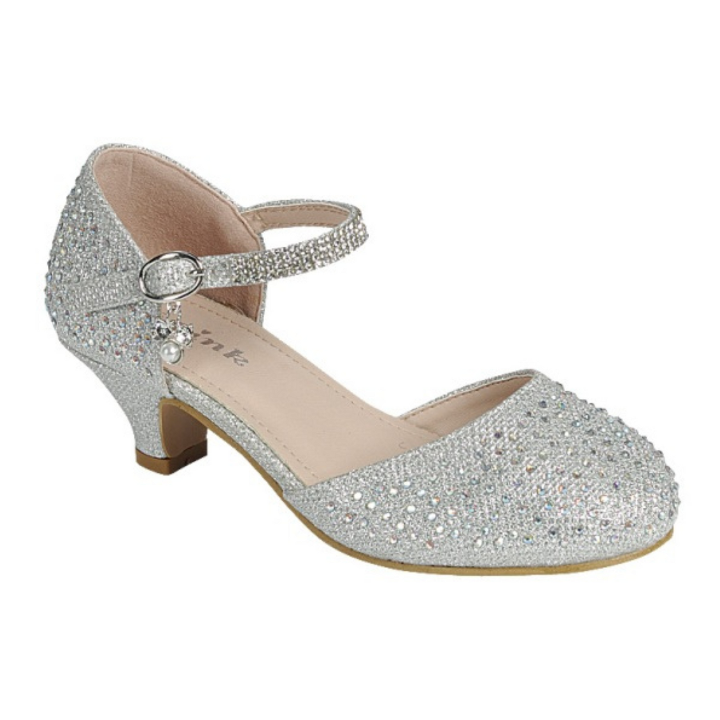 Silver pearl pendant formal shoes for girls, featuring a sparkling design and ankle strap with a small heel.