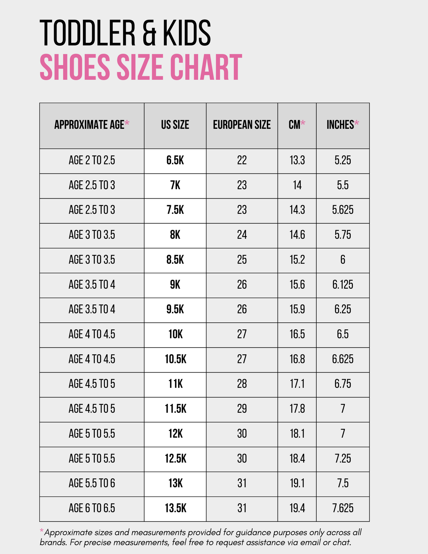 Size chart for toddler and kids' shoes, detailing US sizes, European sizes, and measurements in cm and inches.
