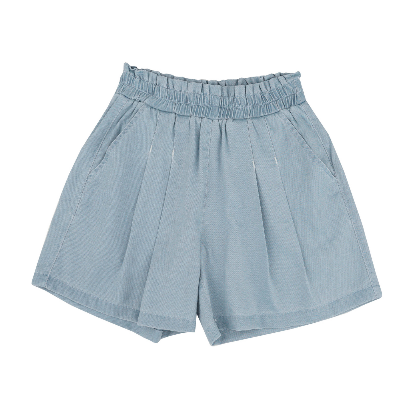 Light blue casual shorts for girls with an elastic waistband and side pockets, featuring pleated design.