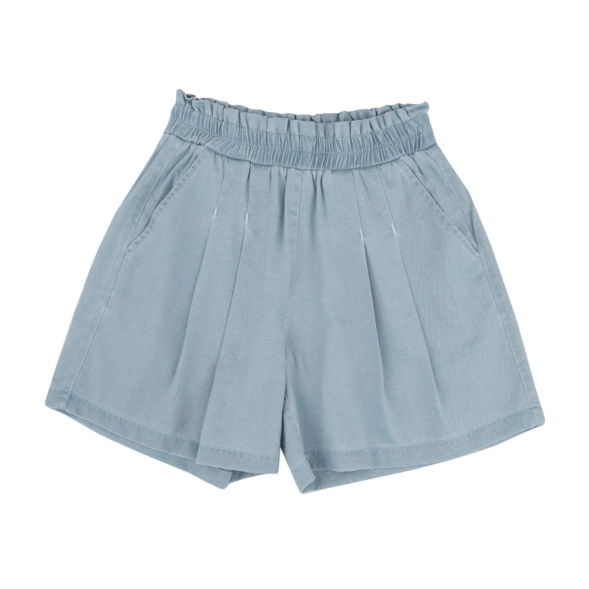Light blue casual shorts for girls with an elastic waistband and side pockets, featuring pleated design.