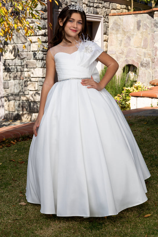 Noble Beauty Girls Formal Dress in white, featuring a one-shoulder design, floral accent, and a full skirt.