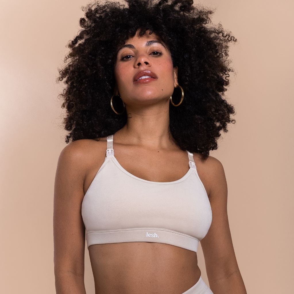 Lesh Freeflo 2.0 Leakproof Nursing Bra in beige, featuring adjustable straps and a soft, comfortable design.