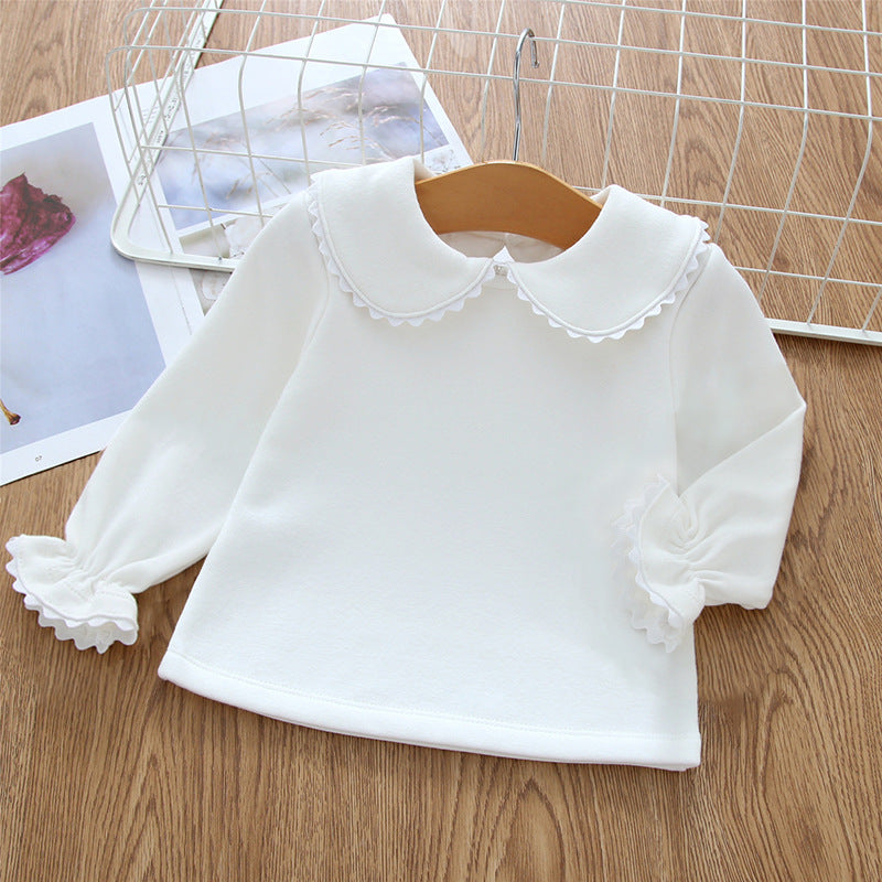 Baby Fleece-lined Long-sleeved Bottoming Shirt Lace Doll Collar Beige T-shirt Autumn And Winter