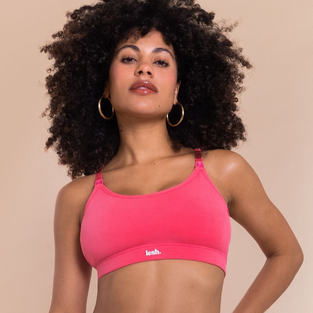 Lesh Freeflo 2.0 Leakproof Nursing Bra in vibrant pink, featuring adjustable straps and a comfortable fit.