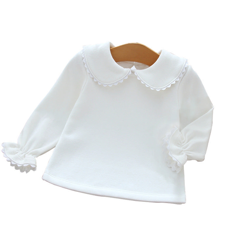 Baby Fleece-lined Long-sleeved Bottoming Shirt Lace Doll Collar Beige T-shirt Autumn And Winter