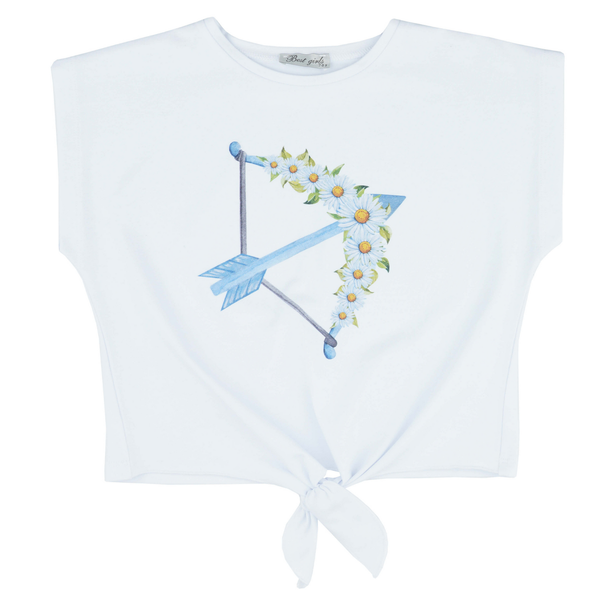 White casual top featuring a blue arrow design adorned with flowers, tied at the front for a stylish look.