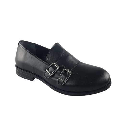 Black leather Ricky's Shoes with double buckle detail and a low heel, designed for comfort and style.