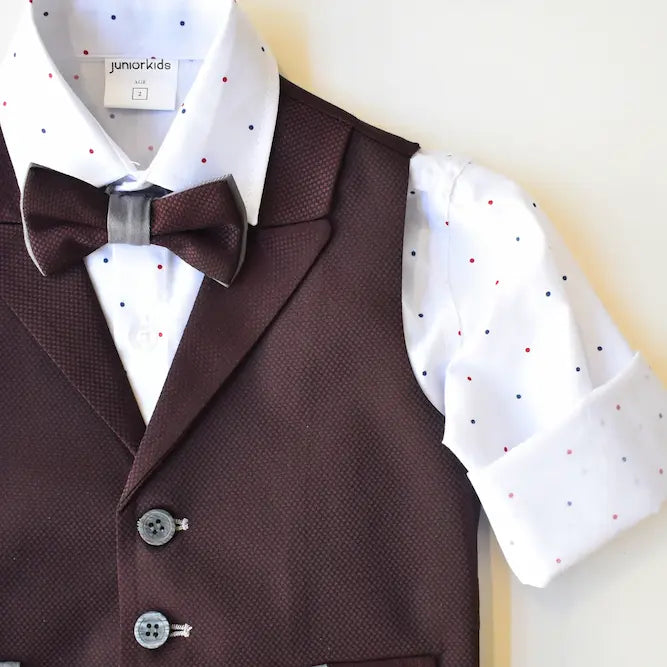 Dapper David Formal Vest Set featuring a burgundy vest, white polka dot shirt, and matching bow tie.