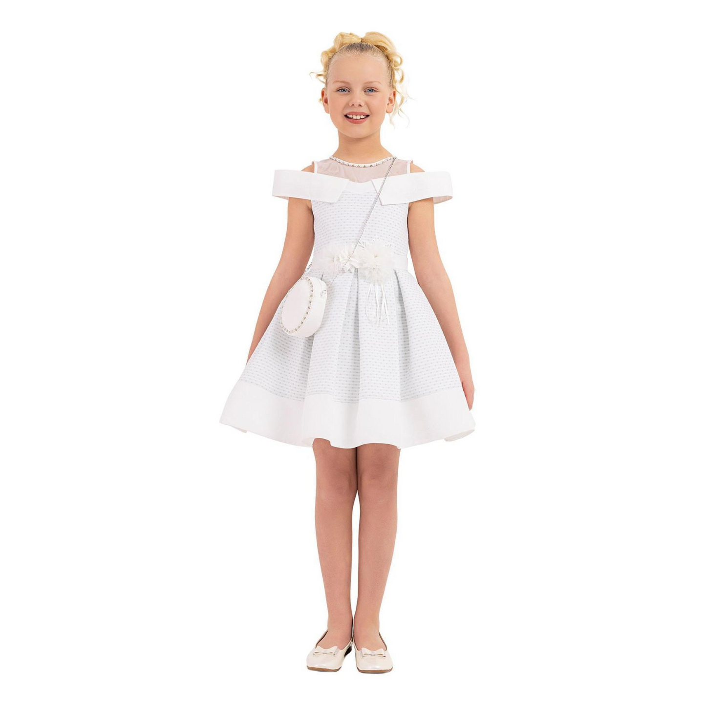 Dear Amy Girls Formal Dress featuring a white off-shoulder design, floral accent, and matching purse. Perfect for special occ