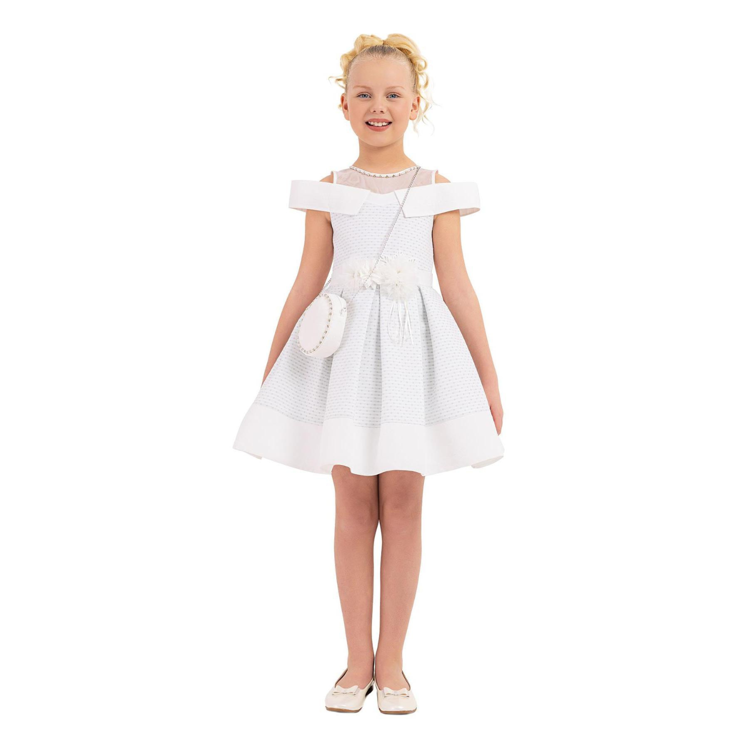 Dear Amy Girls Formal Dress featuring a white off-shoulder design, floral accent, and matching purse. Perfect for special occ