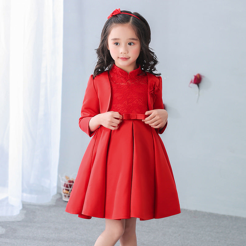 Girls' Long-Sleeved Dress Cardigan Children'S Princess Dress With Shawl Flower Girl Wedding Cloak - Tokcobstore