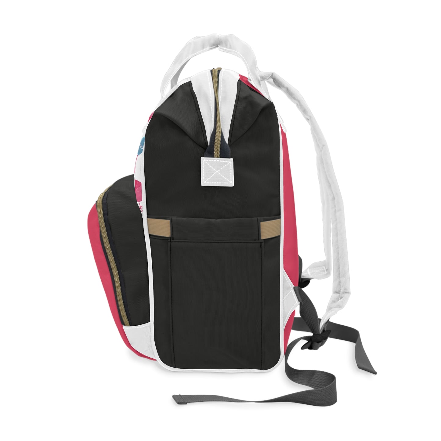 Multifunctional pink baby pattern diaper backpack with black and white accents, featuring adjustable straps and multiple pock