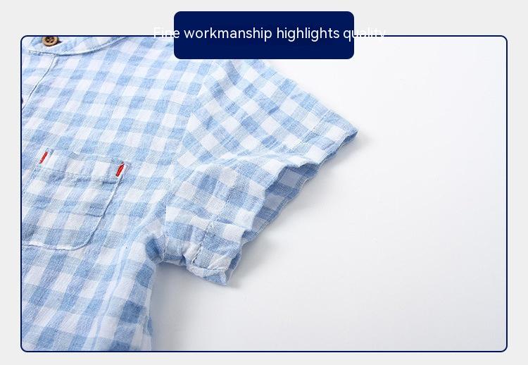 Children's Cotton Blue Short-sleeved Shirt Fashion Casual Short-sleeved Plaid Shirt