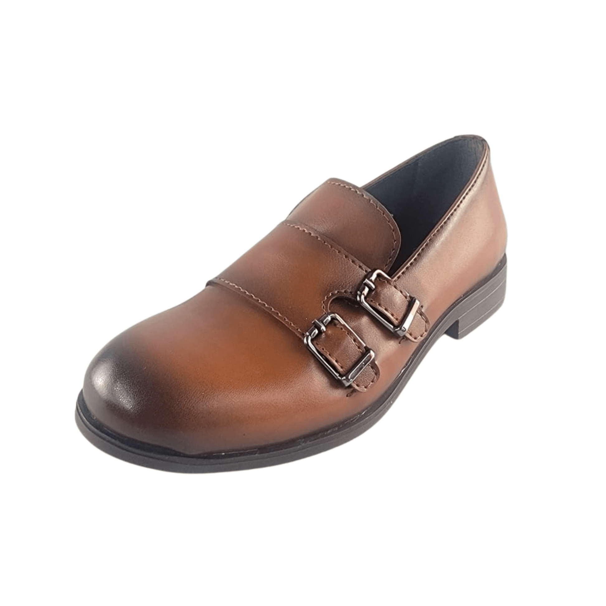 Brown leather Ricky's Shoes with double buckle straps and a low heel, featuring a sleek and polished design.