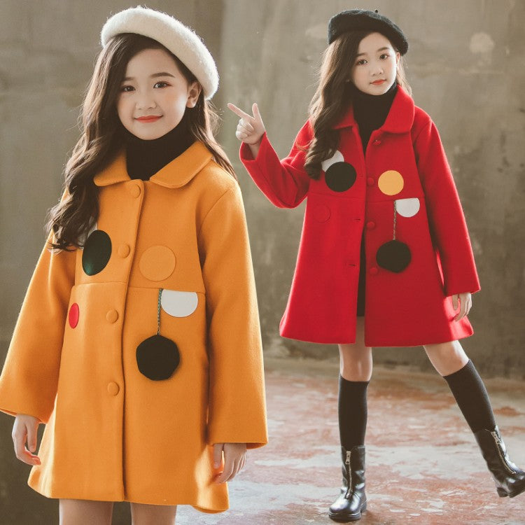 Girls Padded Lapel Color Matching Polka Dot Woolen Coat - Tokcobstore