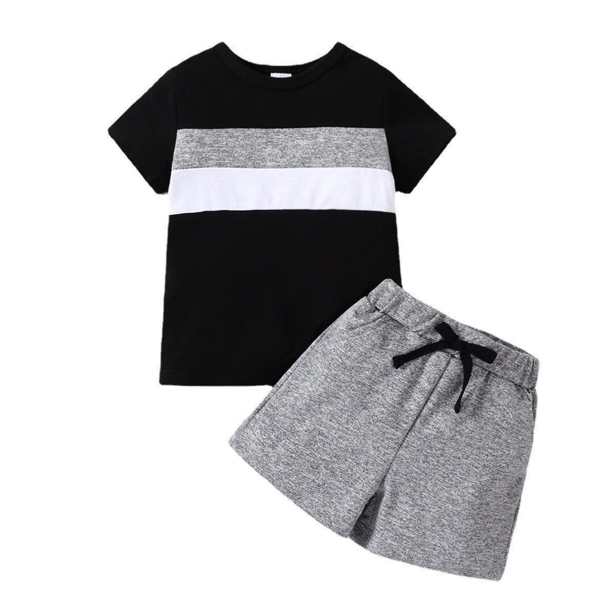 Boys' New Suit Color-block Crew Neck Short-sleeved Shirt Short Gray Children Suit - Tokcobstore