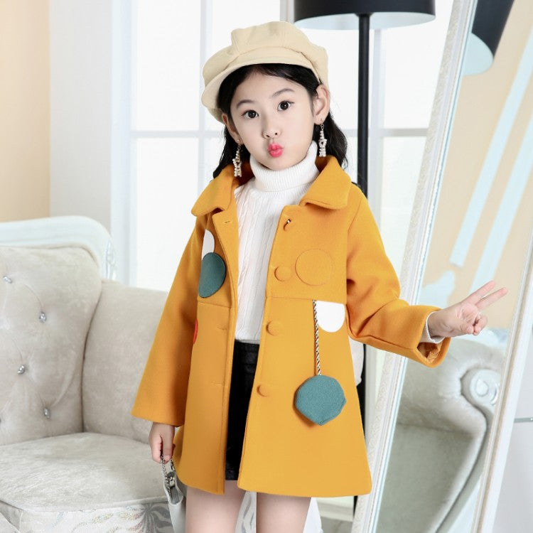 Girls Padded Lapel Color Matching Polka Dot Woolen Coat - Tokcobstore