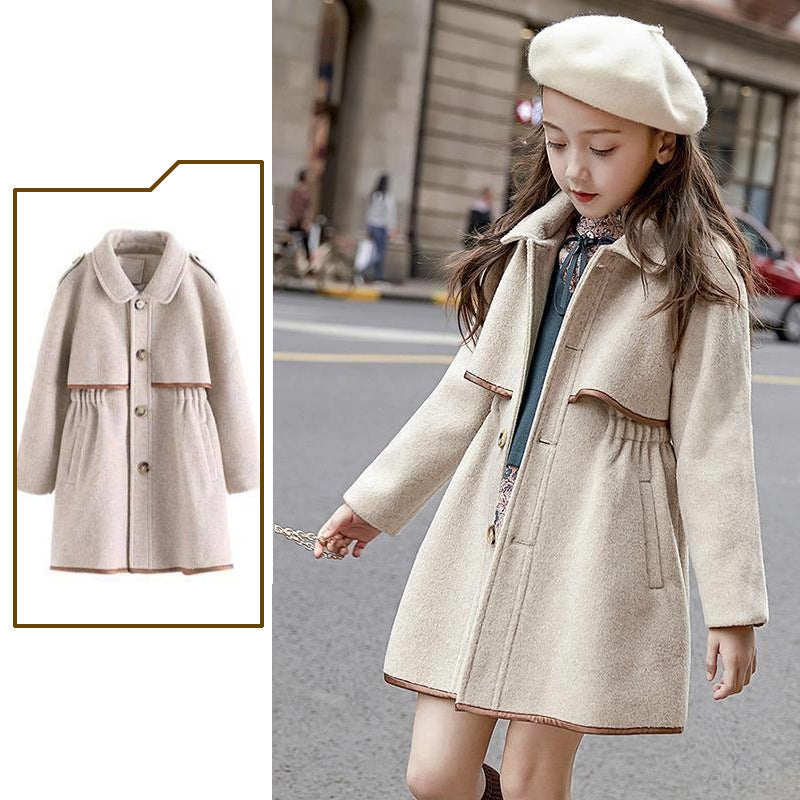 Older Children's Solid Color Woolen Coat, British Fashion Mid-length Coat, Waist Thickened - Tokcobstore