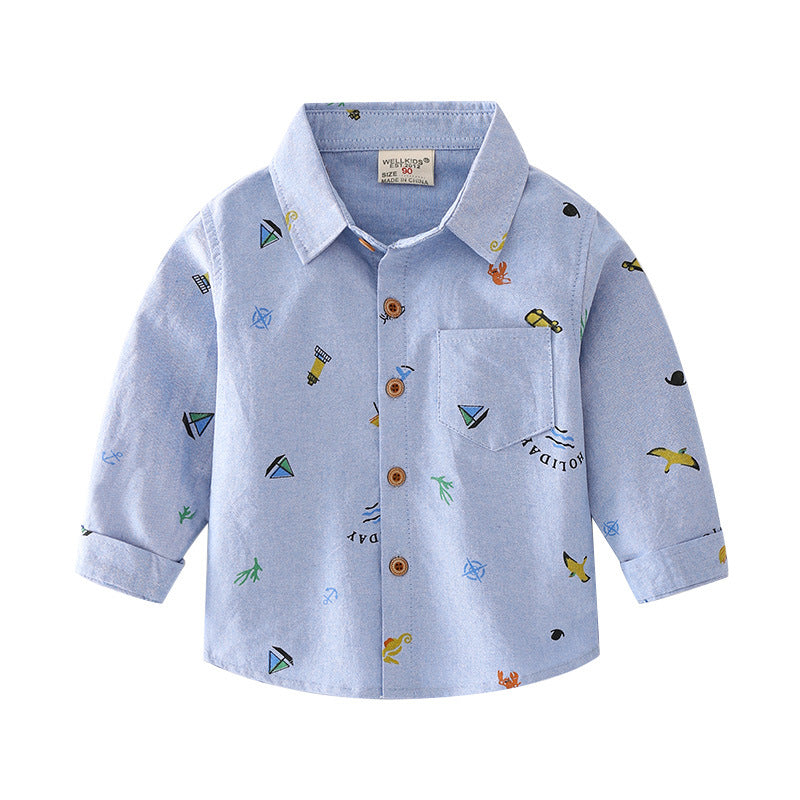 Boys Long Sleeve Lapel Shirt Cartoon Print Casual Shirt Kids Cool Long Sleeve Shirt - Tokcobstore
