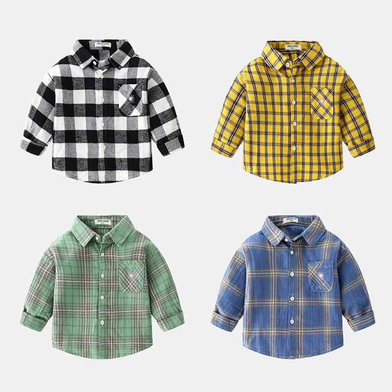 Boys new plaid car lapel long sleeve shirt - Tokcobstore