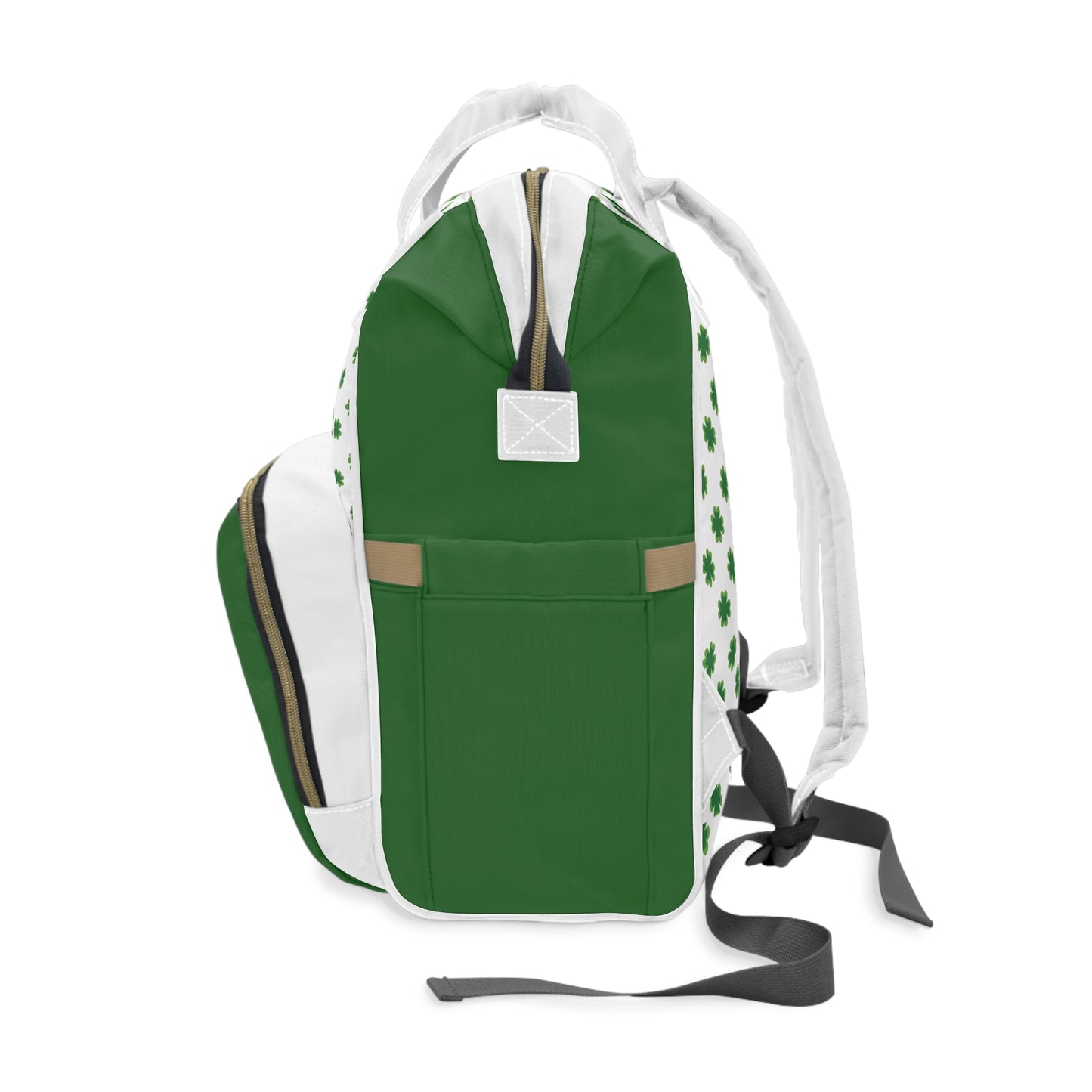 Clover Diaper Backpack in green with shamrock print, featuring multiple pockets and adjustable straps for convenience.