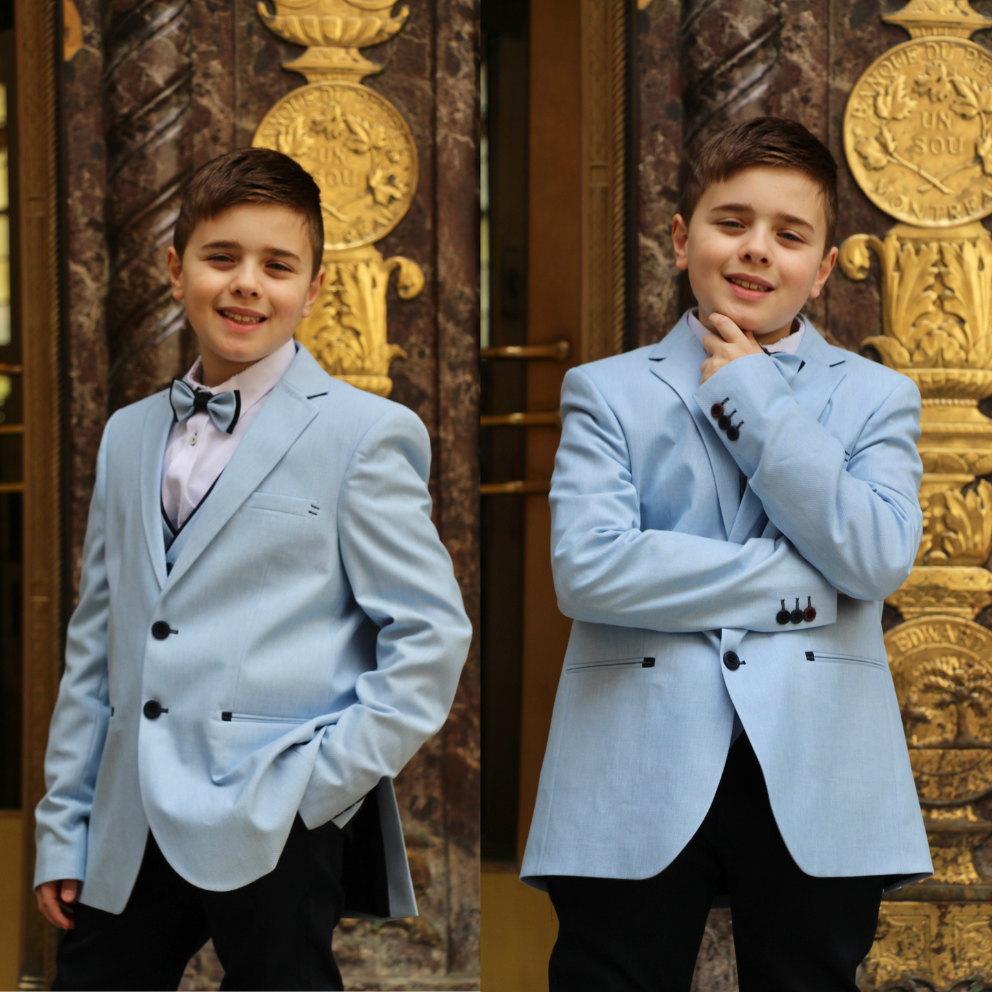 Light blue formal suit for boys featuring a blazer, bow tie, and dress shirt, styled for a polished look.