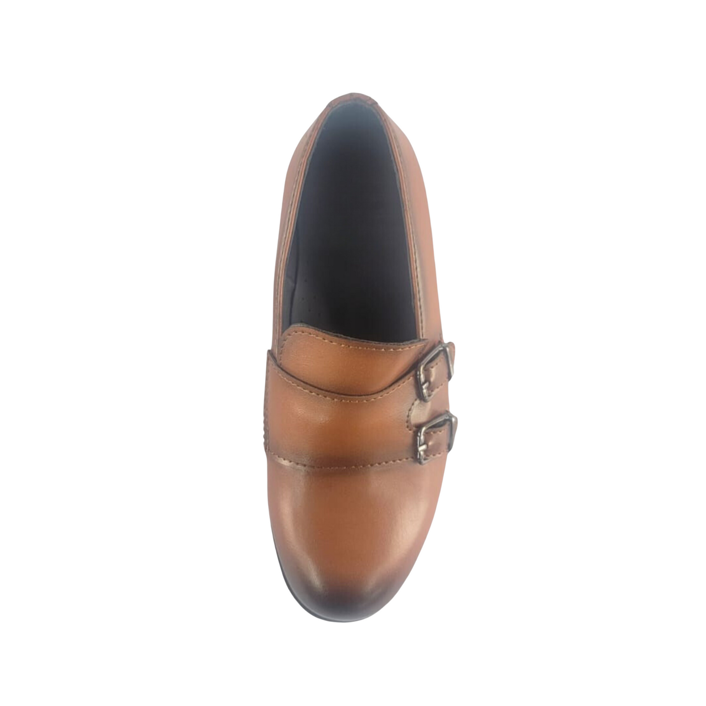 Brown leather shoes with double buckle straps, featuring a sleek design and rounded toe. Ideal for casual or formal wear.