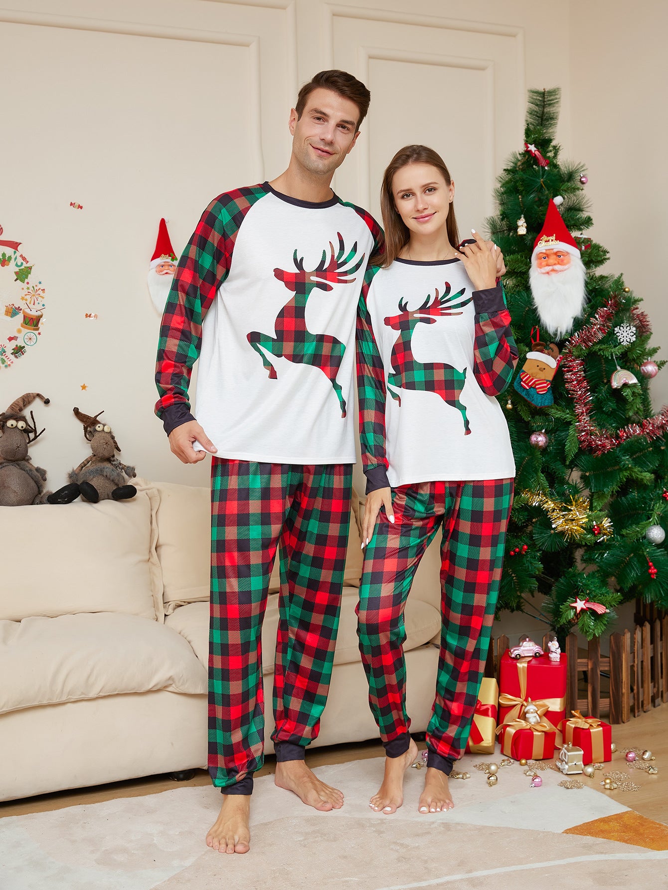 Christmas Parent-child Cartoon Elk Plaid Printed Pajamas Set