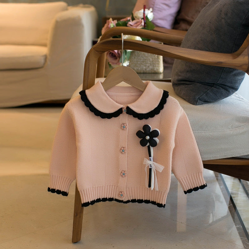 Children's Sweater Girls Small Flower Round Neck Cardigan - Tokcobstore