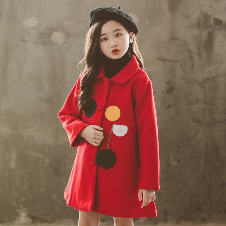 Girls Padded Lapel Color Matching Polka Dot Woolen Coat - Tokcobstore