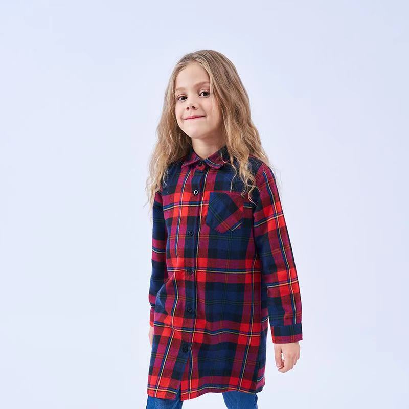 Mid-length Girls Plaid Shirt Long-sleeved Brushed