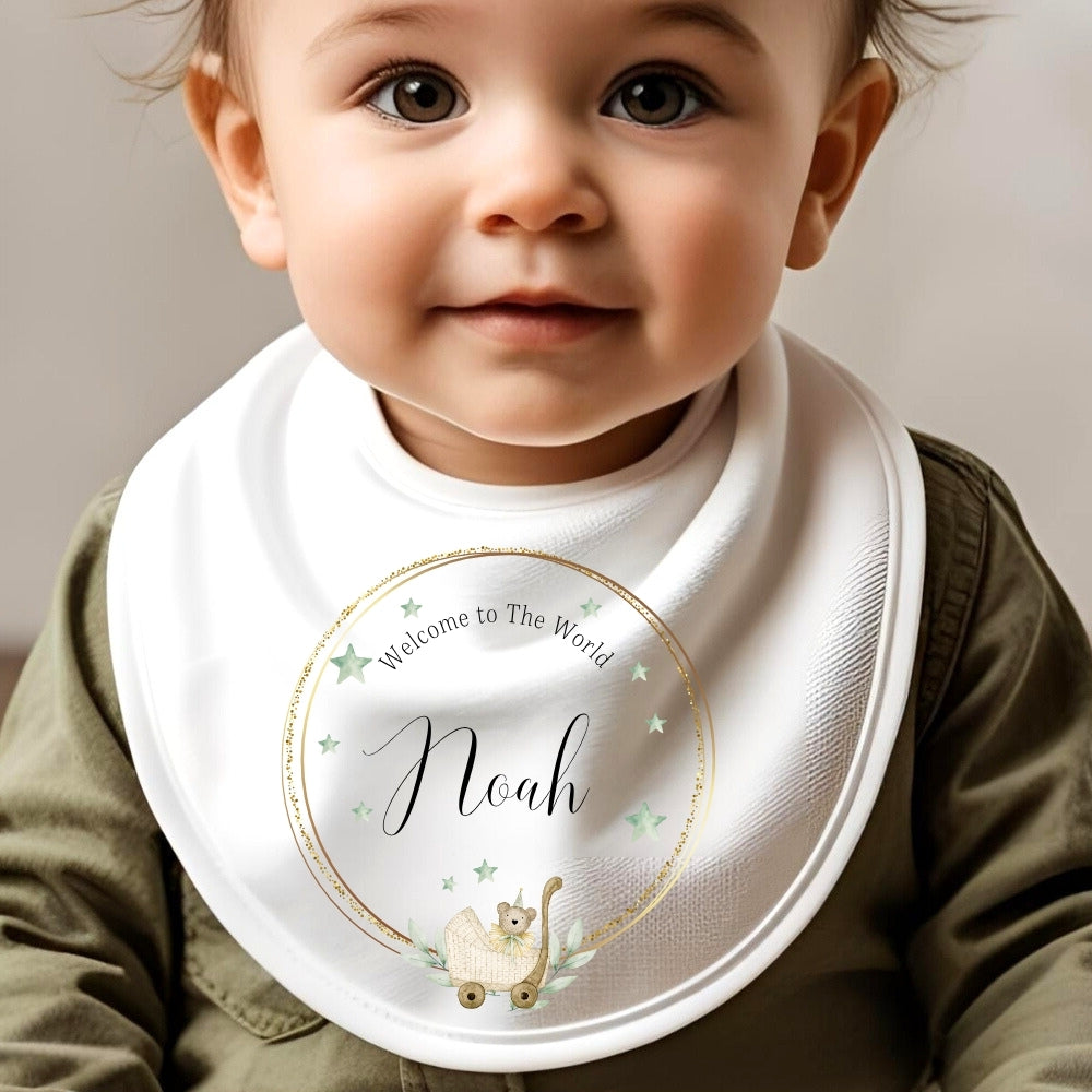 Personalised Welcome to the World Baby Outfit featuring a bib with the name Noah, adorned with a cute cat design.