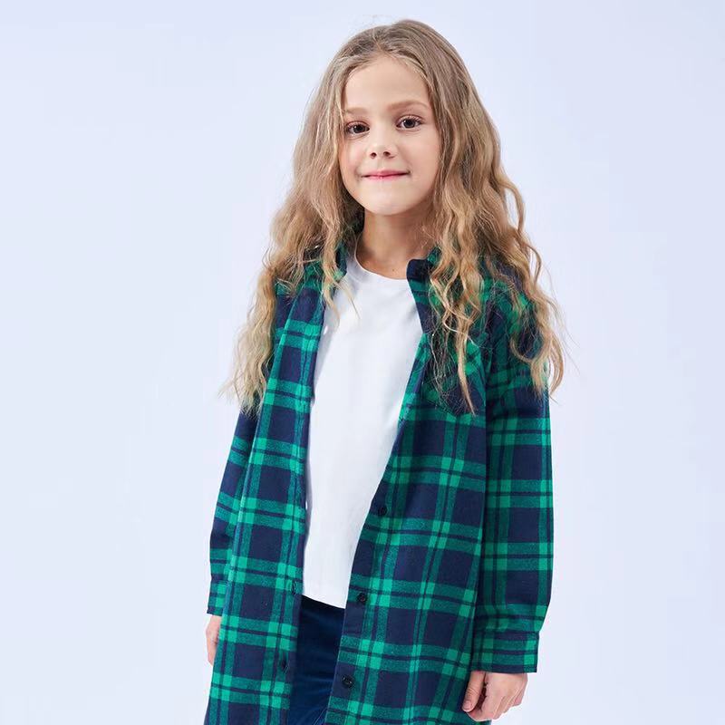 Mid-length Girls Plaid Shirt Long-sleeved Brushed