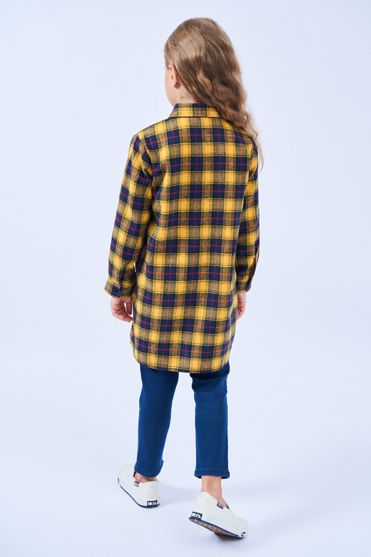 Mid-length Girls Plaid Shirt Long-sleeved Brushed