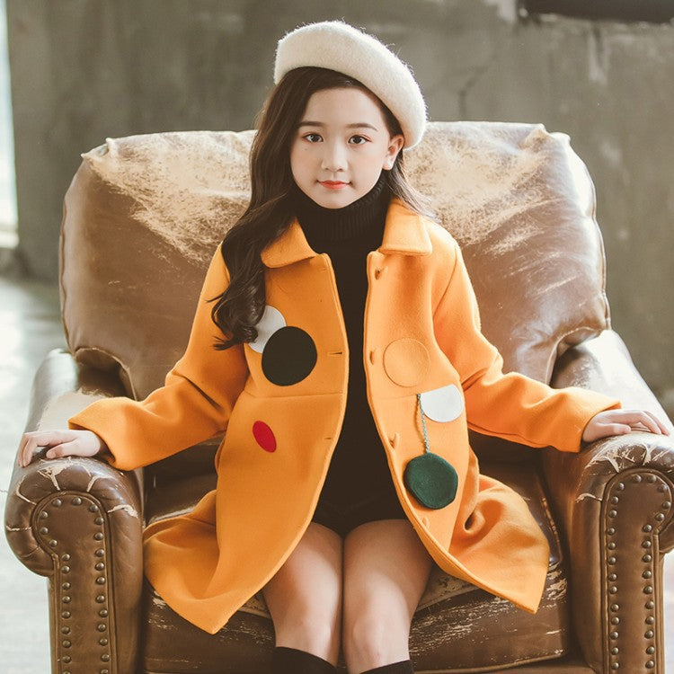 Girls Padded Lapel Color Matching Polka Dot Woolen Coat - Tokcobstore