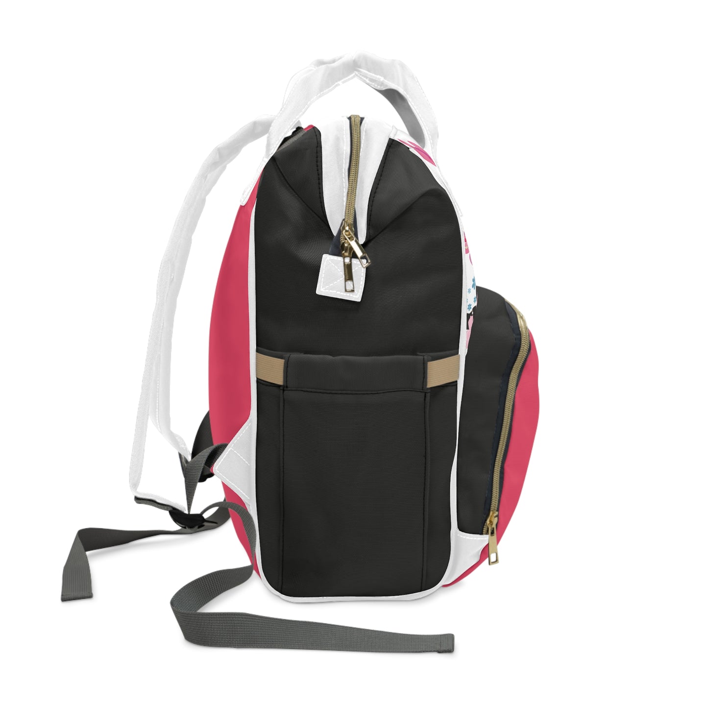 Pink Baby Pattern Diaper Backpack featuring a black and pink design, multiple compartments, and adjustable straps for parents