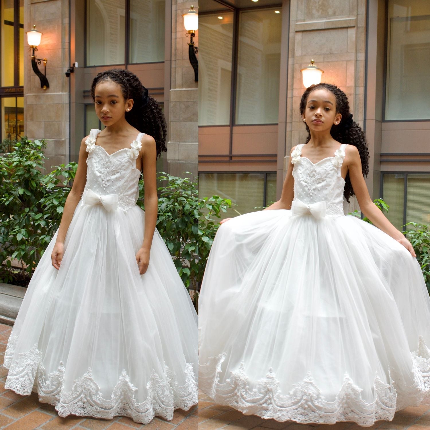 Bianca Princess Girls Formal Dress features a white gown with lace details, floral accents, and a bow at the waist.