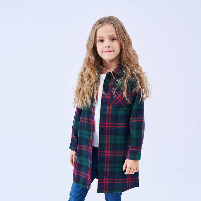 Mid-length Girls Plaid Shirt Long-sleeved Brushed