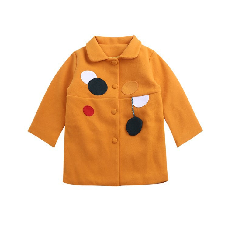 Girls Padded Lapel Color Matching Polka Dot Woolen Coat - Tokcobstore