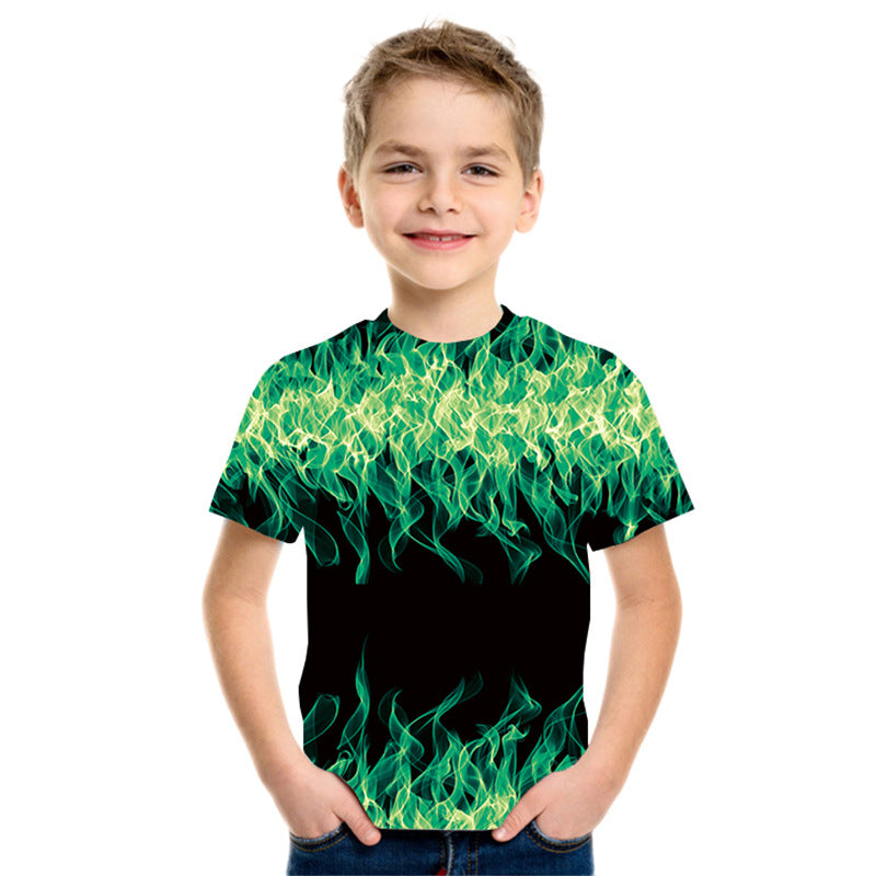 New Boys' Three-color Flame 3D Printed Short-sleeved T-shirt