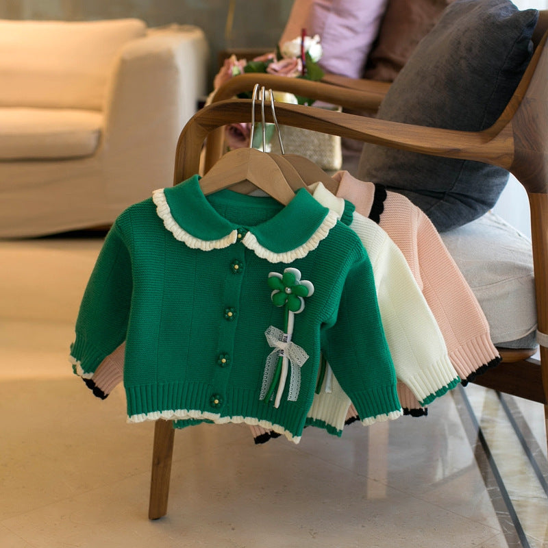 Children's Sweater Girls Small Flower Round Neck Cardigan - Tokcobstore