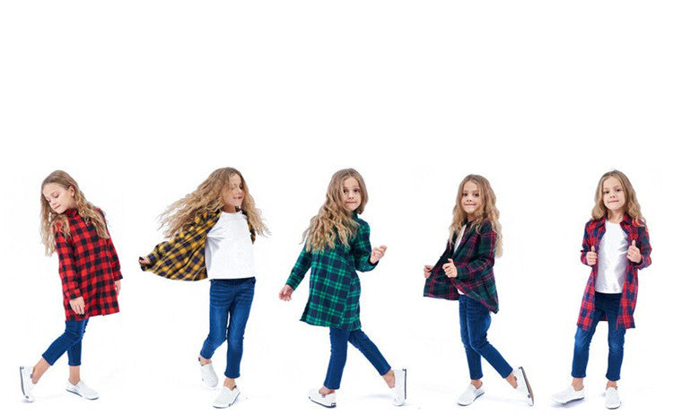 Mid-length Girls Plaid Shirt Long-sleeved Brushed