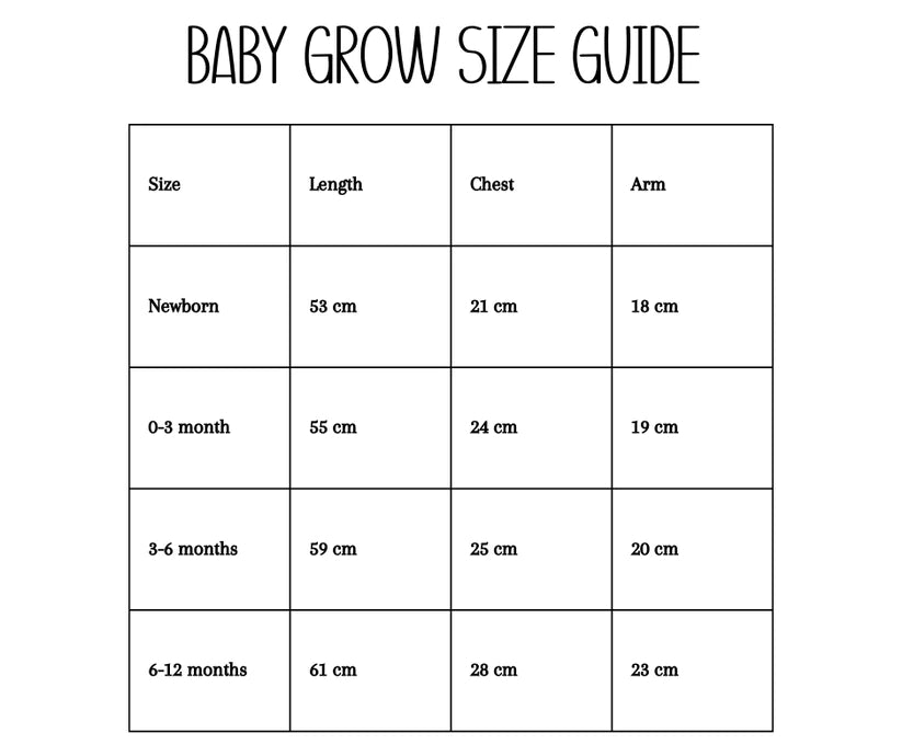 Baby grow size guide for Our 1st Mother's Day Pretty Flowers Baby Outfit, detailing measurements for various sizes.