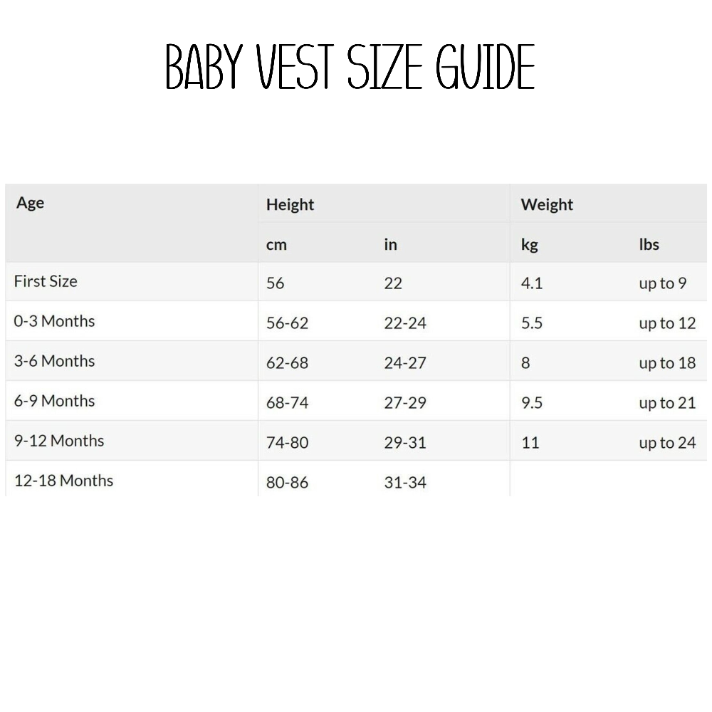 Personalised Welcome to the World Baby Outfit includes a bib, vest, and baby grow. Size guide for baby vest displayed.